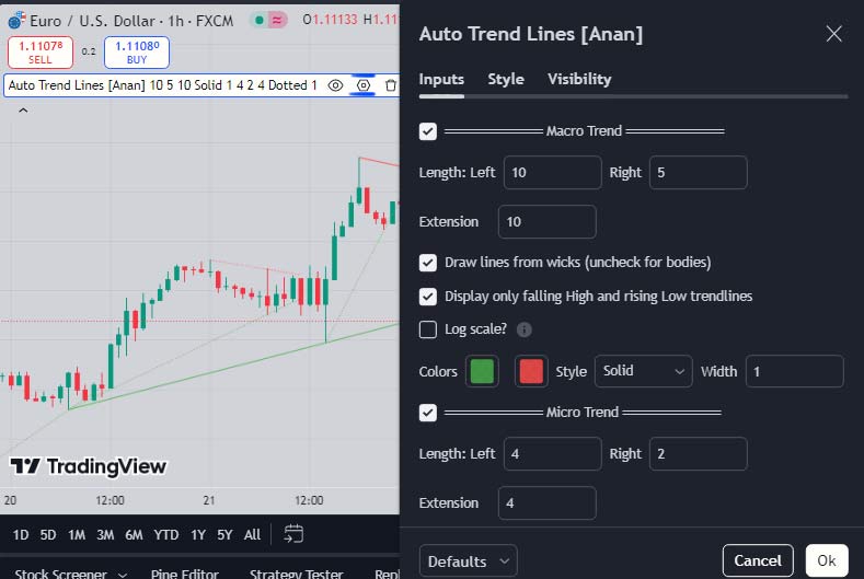 Auto Trend Lines Indicator Settings in TradingView