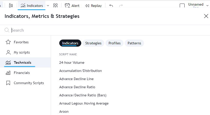 Showing the indicators window in the TradingView
